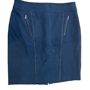 2/$15 Ann Taylor 10 Navy Blue Pencil Skirt Faux Leather Trim Pockets Womans